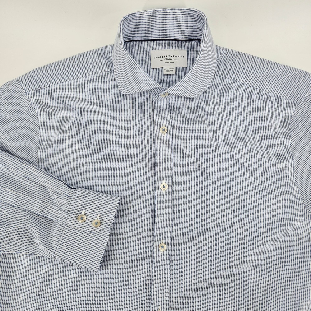 Charles Tyrwhitt Extra Slim Fit Non-Iron Blue Micro Houndstooth Dress Shirt 15.5